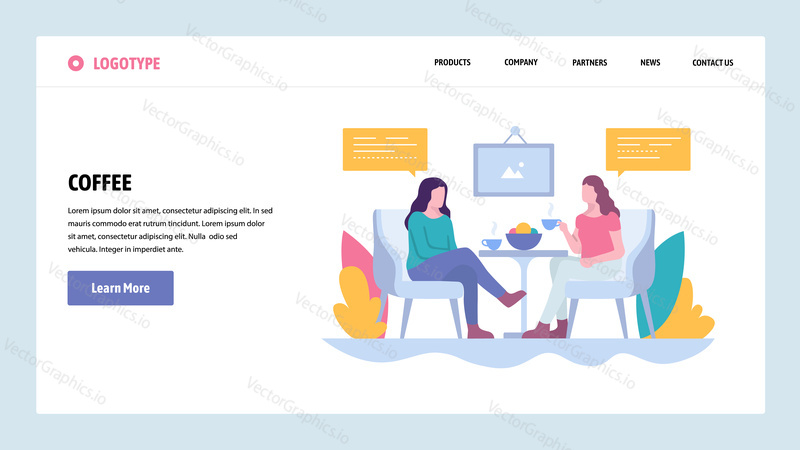 Vektorové webové stránky gradient design šablony. Dvě dívky pijí kávu v kavárně, přestávka na oběd. Koncepty vstupní stránky pro vývoj webových stránek a mobilních zařízení. Moderní ploché ilustrace