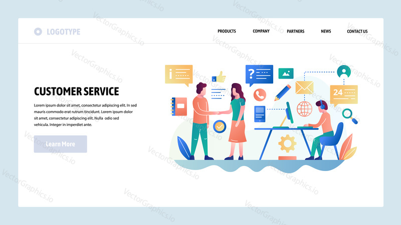 Vektorové webové stránky design šablony. Zákaznický servis a online chat s podporou, helpdesk, odbyt. Koncepty vstupní stránky pro vývoj webových stránek a mobilních zařízení. Moderní byt ilustrace.