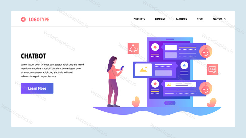 Vektorové webové stránky design šablony. AI online chat bot a služba zákaznické podpory. Koncepty vstupní stránky pro vývoj webových stránek a mobilních zařízení. Moderní ploché ilustrace