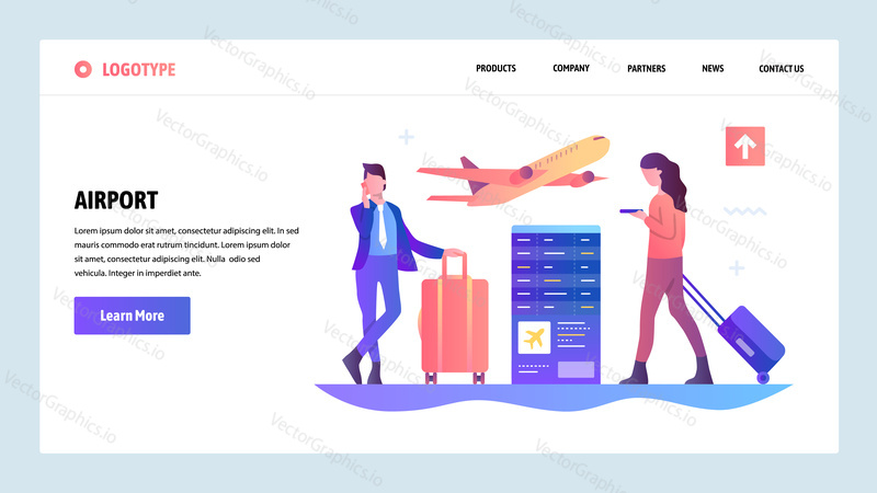 Vector web site gradient design template. Airport terminal and passengers waiting for flight. Landing page concepts for website and mobile development. Modern flat illustration
