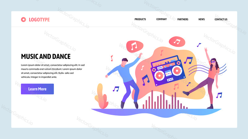 Vector web site design template. People listening music and dancing. Landing page concepts for website and mobile development. Modern flat illustration