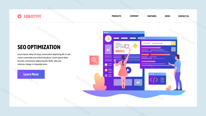 Векторный шаблон дизайна веб-сайта. Оптимизация поисковых систем SEO и цифровой маркетинг. Концепции целевых страниц для разработки веб-сайтов и мобильных устройств. Современная плоская иллюстрация