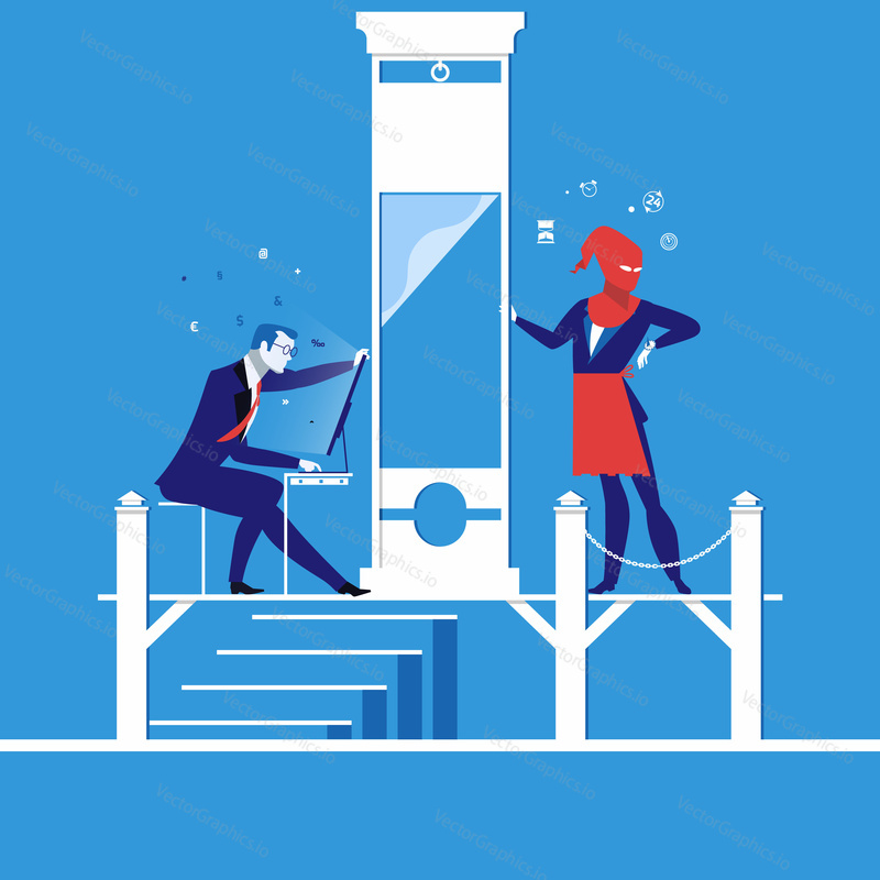 Vektorová ilustrace podnikatele, který nemá čas dělat svou práci. Čas vypršel. Deadline concept design element.