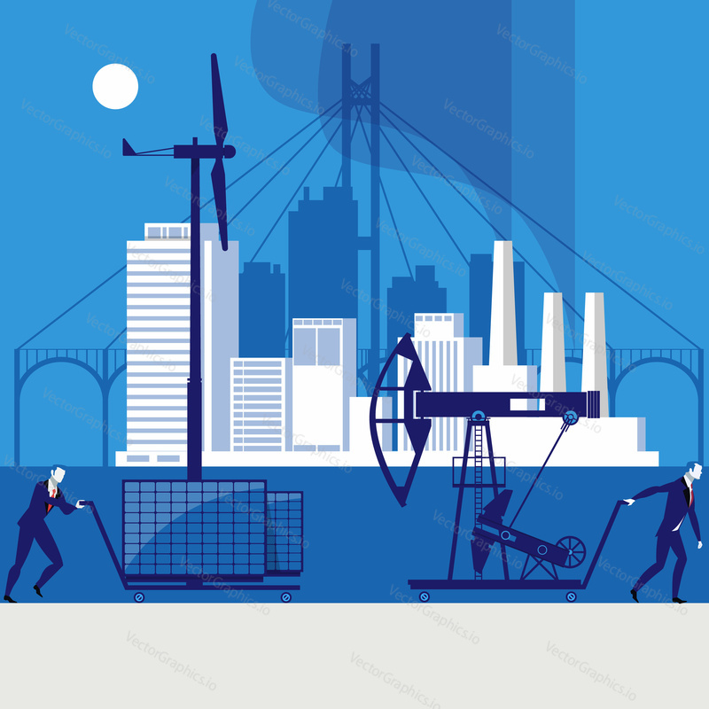 Vector illustration of one businessman pushing cart with windmill and another businessman getting cart with oil pump away. Environmental safety concept design element.
