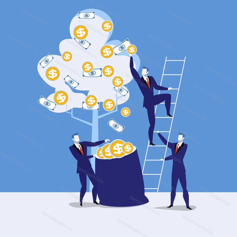 Vektorová ilustrace podnikatelů, kteří vybírají dolary ze stromu peněz. Peníze závod. Obchodní růst, finanční úspěch koncept designový prvek v plochém stylu.