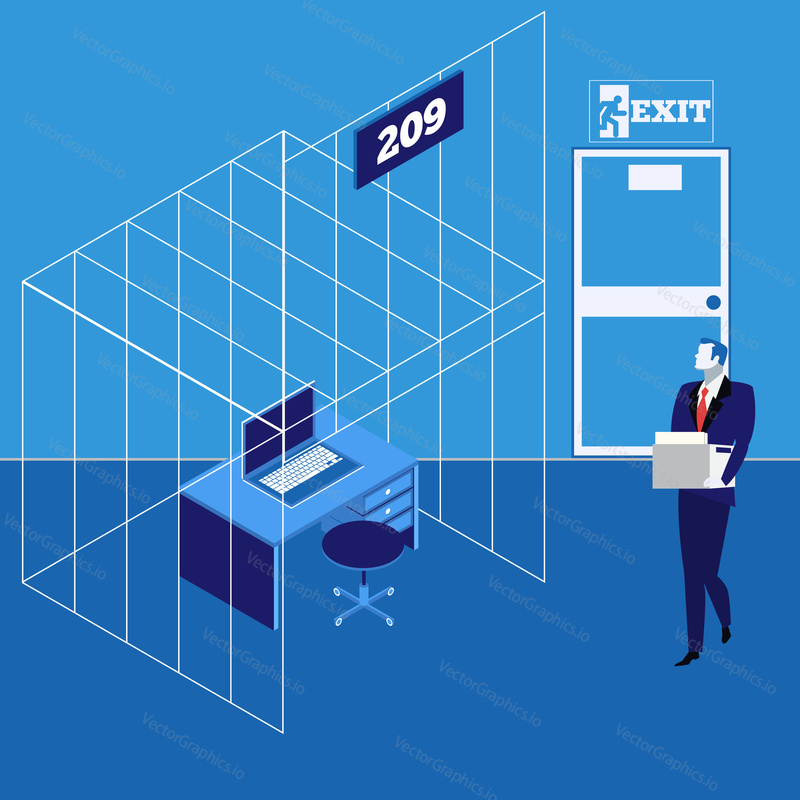 Vector illustration of man carrying a heap of documents and going to his workplace in cage. Businessman caught in a trap, flat style design.