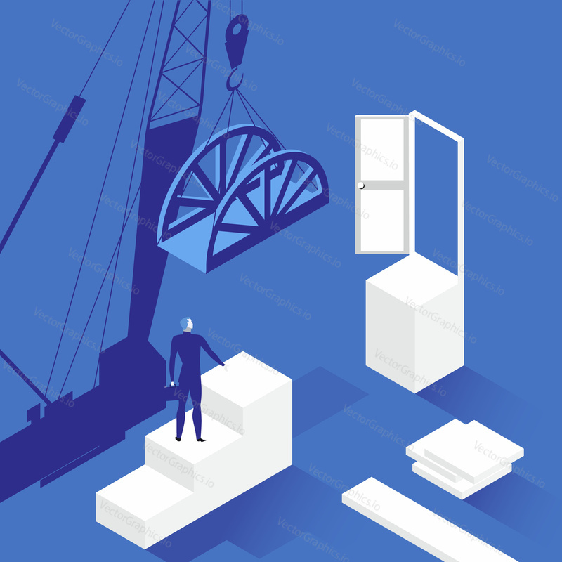 Vector illustration of businessman standing on career stairs in front of opened door. New opportunities and career growth in business concept flat style design.