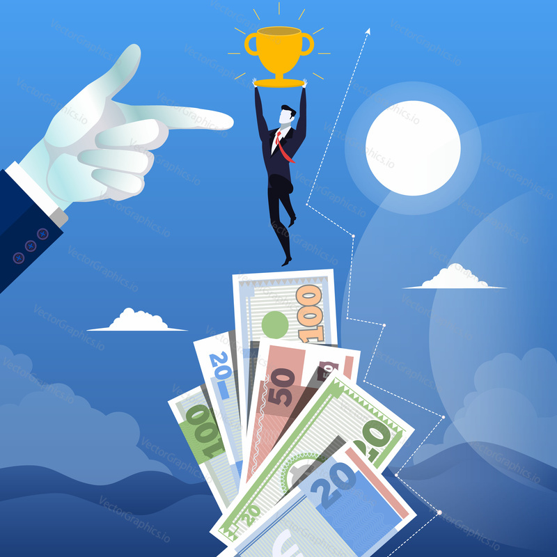 Vector illustration of forefinger pointing at successful businessman standing on the top of money stairs. He is holding cup in his hands. Business success concept design element in flat style