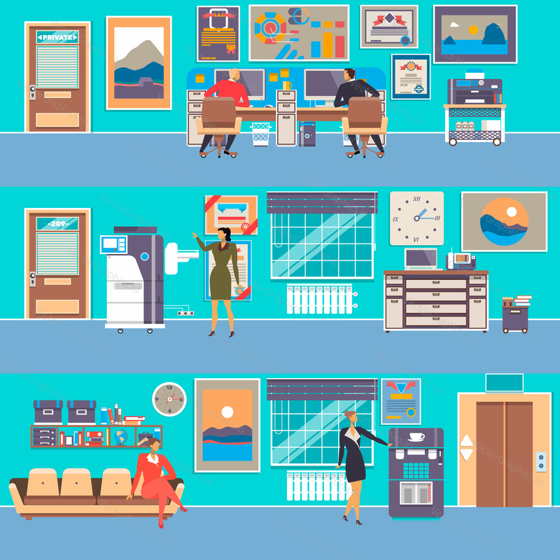 Vector set of modern workspace interiors with office furniture, office equipment and business people, flat style illustration.