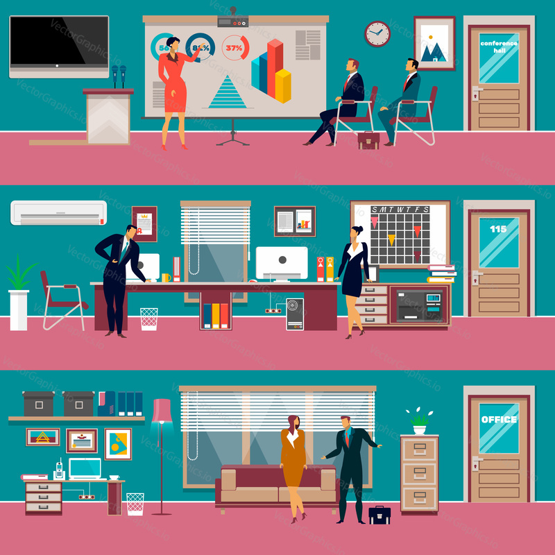 Vector set of modern workspace interiors with office furniture and equipment. Cabinet, conference hall or training class, waiting hall and business people, flat style illustration.