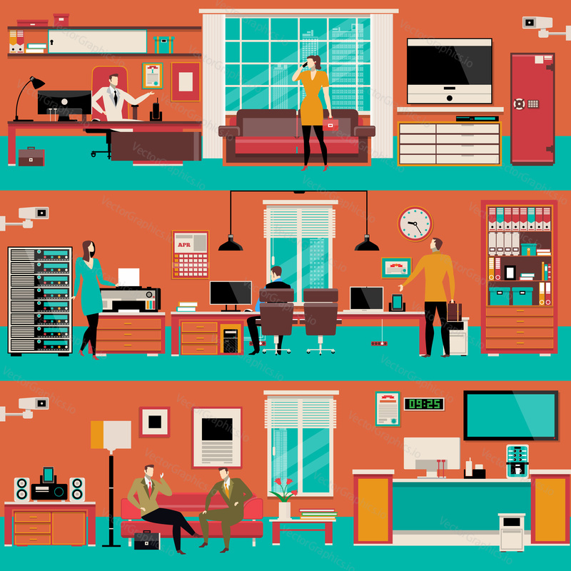 Vector set of modern workspace interiors with office furniture and equipment. Cabinet, reception, business situations, flat style illustration.