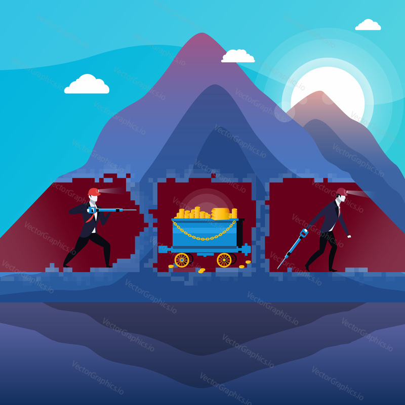 Vektorová ilustrace dolu, podnikatelé horníci s vrtáky a uhlí vozík plný zlatých tyranů. Obchodní úspěch koncept designový prvek v plochém stylu.