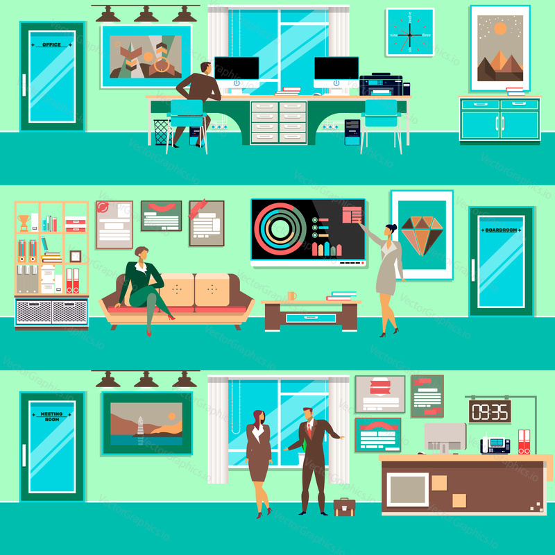 Vector set of modern workspace interiors with office furniture and office equipment. Business people in office, in meeting room and in boardroom, flat style illustration.