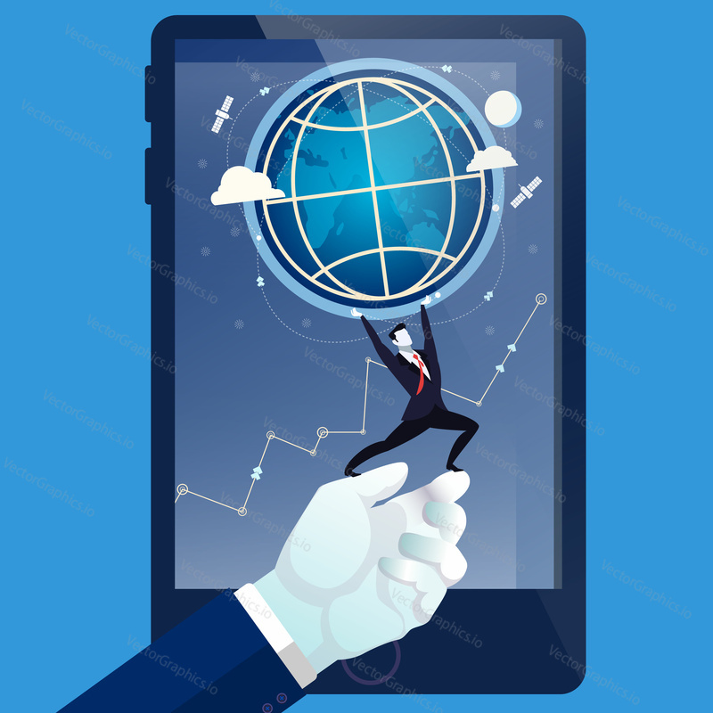 Vector illustration of businessman on human hand holding the Earth like greek mythology god Titan Atlas holds the world on his shoulders. Business concept design element in flat style.