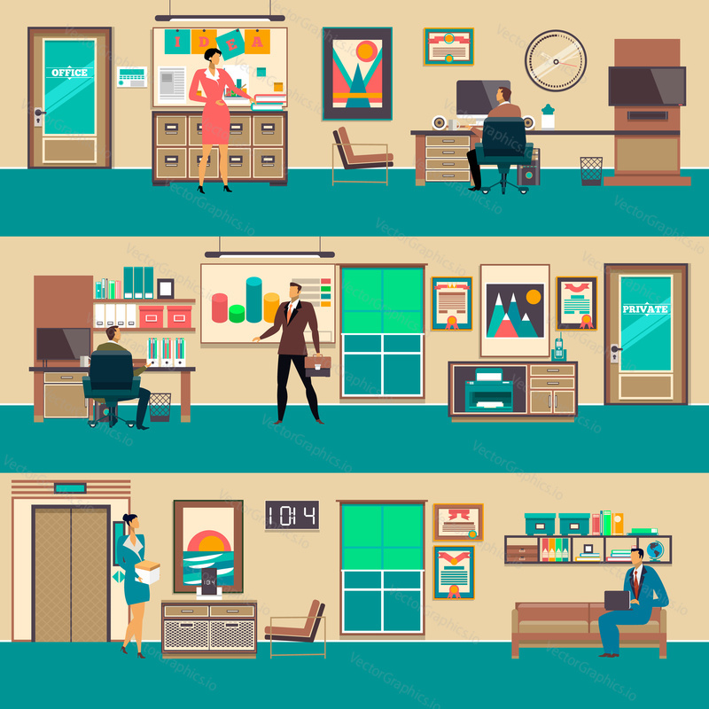 Vector set of modern workspace interiors with office furniture and equipment. Business people in office, in private office, in waiting hall, flat style illustration.