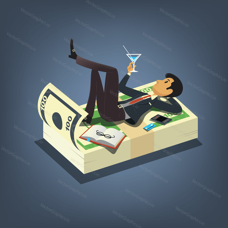 Úspěšný podnikatel pití koktejl a při odpočinku na spoustu peněz. Ilustrace konceptu Business vector v kresleném stylu.
