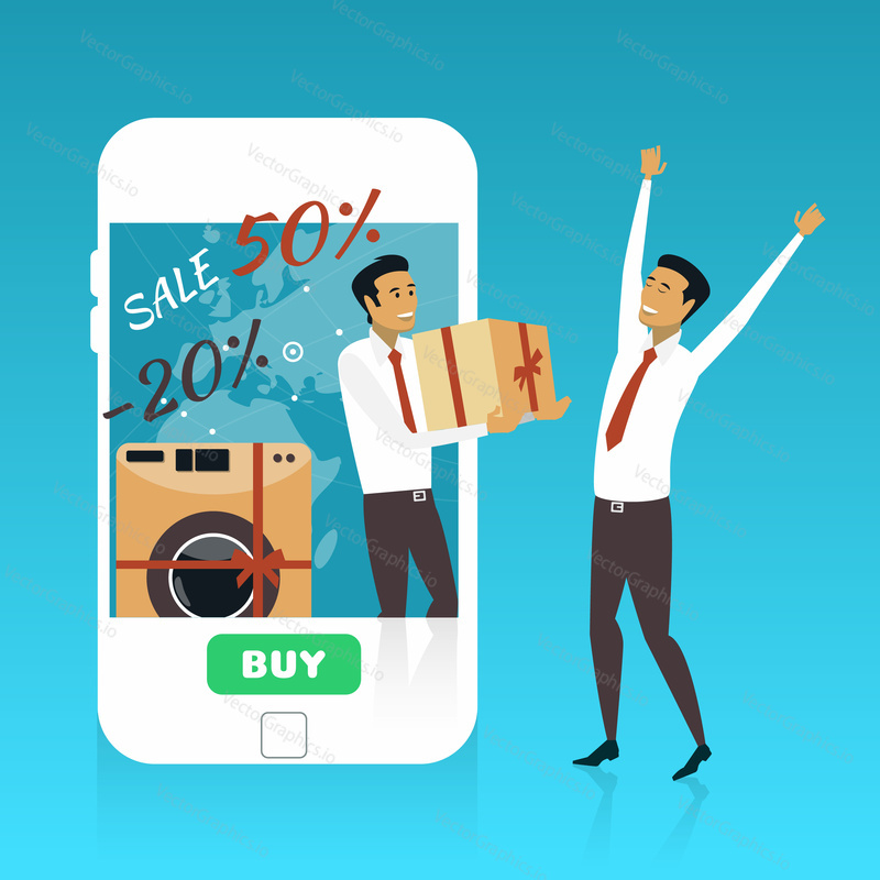 Online nakupování na internetu pomocí mobilního smartphonu. Rychlé dodání koncept vektorové ilustrace v plochém stylu designu. Kurýr zůstává ve dveřích obchodu, který vypadá jako telefon a dává zásilku zákazníkovi.
