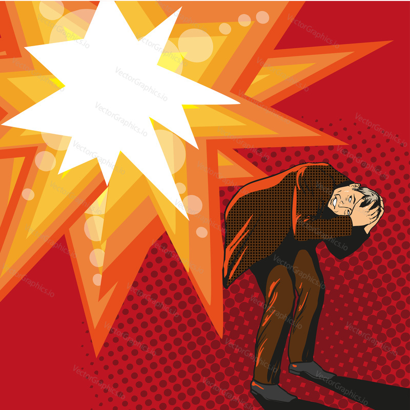 Man trying to hide from explosion. Vector illustration in pop art style