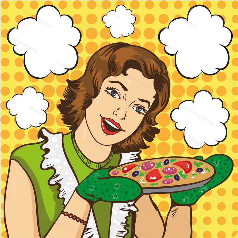 Žena vaření pizzy doma. Vektorová ilustrace v retro komiksovém pop art stylu.