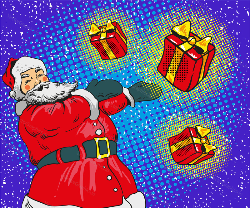Santa claus vector illustration in comic pop art style. Merry Christmas holiday concept poster and greetings card.