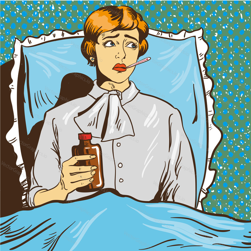 Nemocná žena s horečkou si lehne na postel v nemocničním pokoji. Dívka s teploměrem v ústech. Vektorová ilustrace v komiksovém stylu pop art.