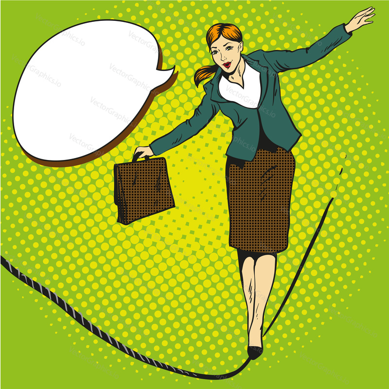 Business concept vector illustration in retro comic pop art style. Businesswoman walk on tight rope.