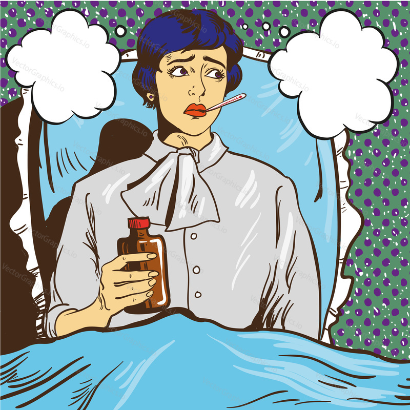 Nemocná žena s horečkou si lehne na postel v nemocničním pokoji. Dívka s teploměrem v ústech. Vektorová ilustrace v komiksovém stylu pop art.