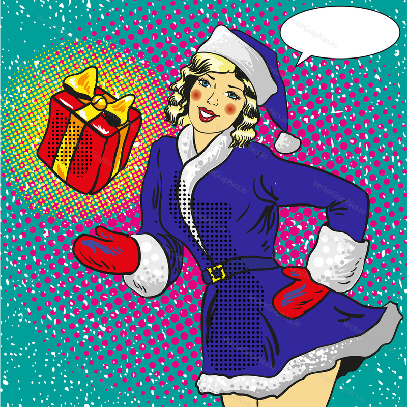 Sexy Santa pin up girl in red dress holding a gift. Vector illustration in comic pop art style. Christmas holidays concept poster.
