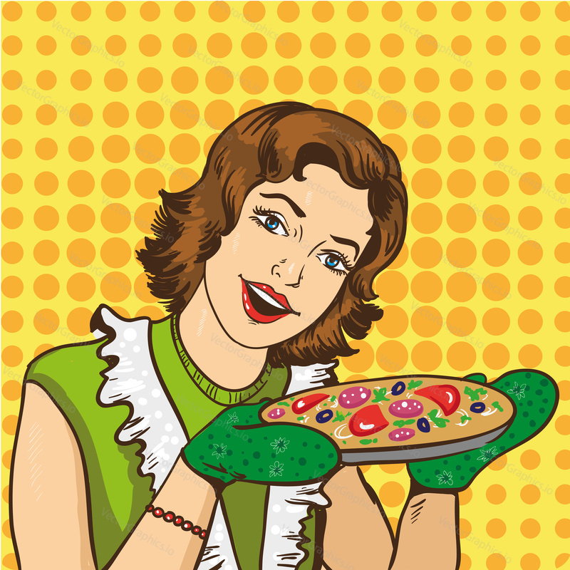Žena vaření pizzy doma. Vektorová ilustrace v retro komiksovém pop art stylu.