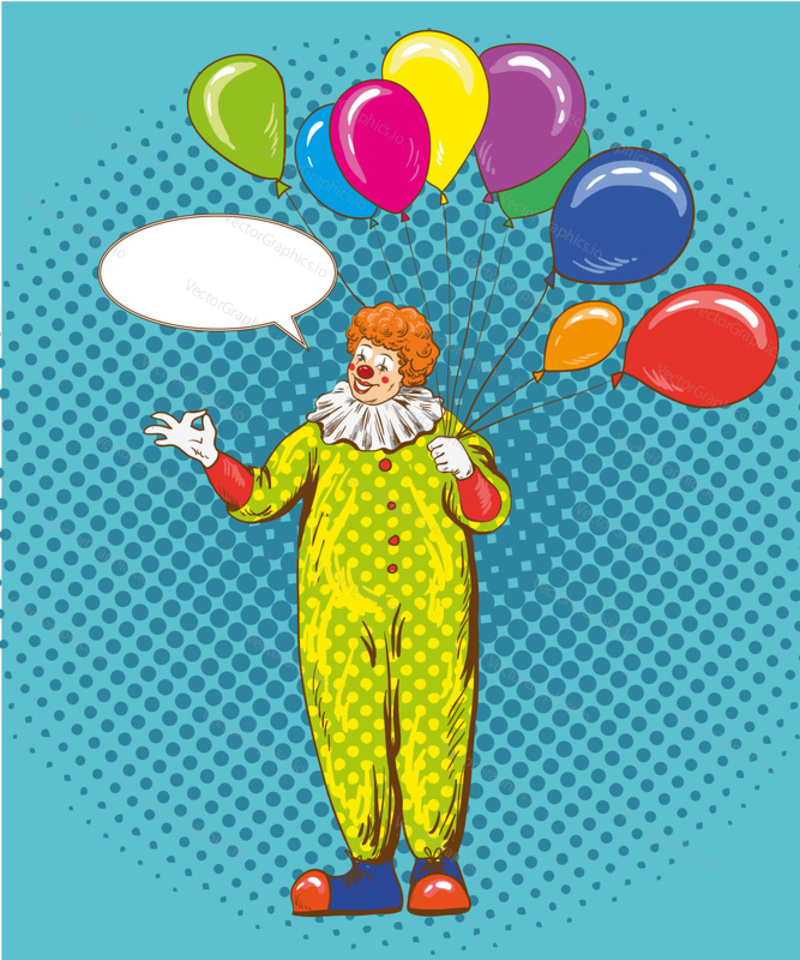Smiling clown cartoon character. Vector illustration in comic pop art style.