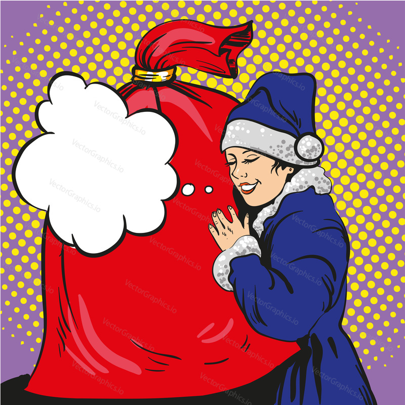Santa pin up girl in blue dress holding bag with gifts. Vector illustration in comic pop art style. Christmas holidays concept poster.