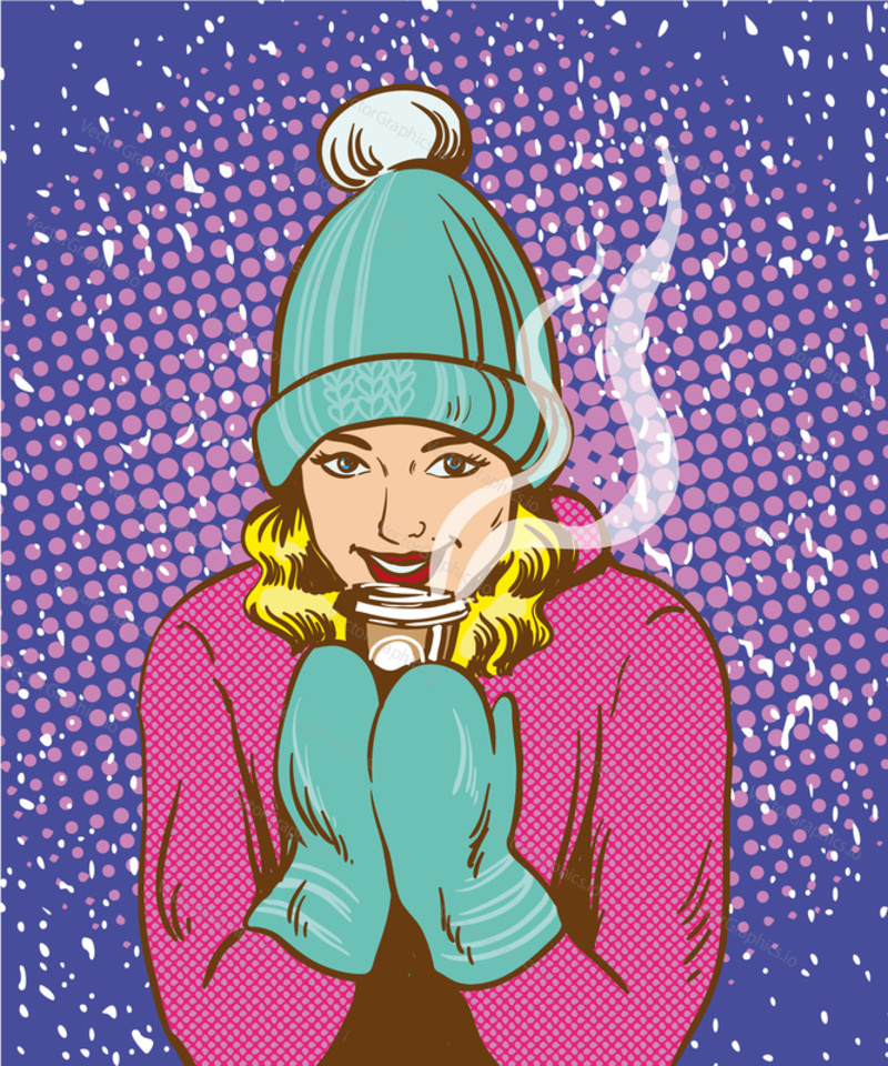 Beautiful girl in warm hat and gloves holding hot drink. Winter warm up concept in retro comic pop art style.