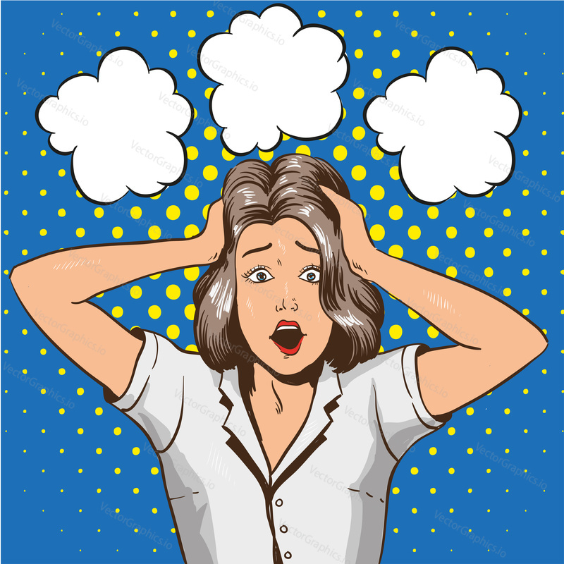Woman in panic. Vector illustration in pop art retro style. Stressed girl in shock grabs her head in hands.