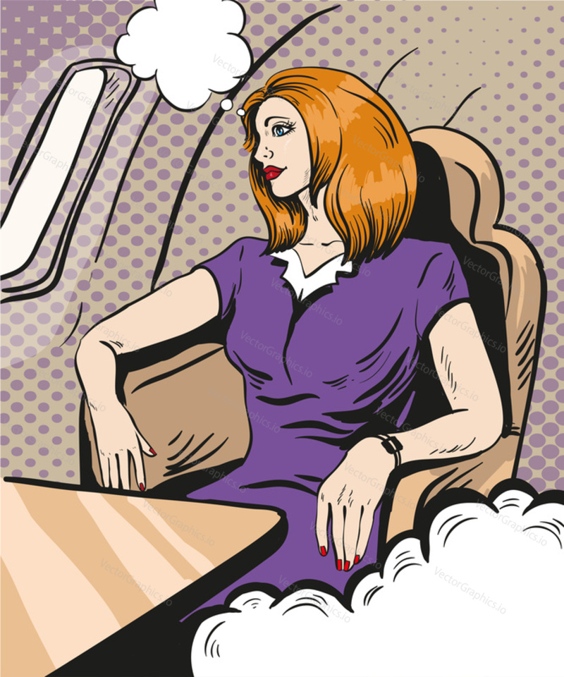 Girl siting and looking out the airplane window. Vector illustration in retro comic pop art style. Business class private jet.
