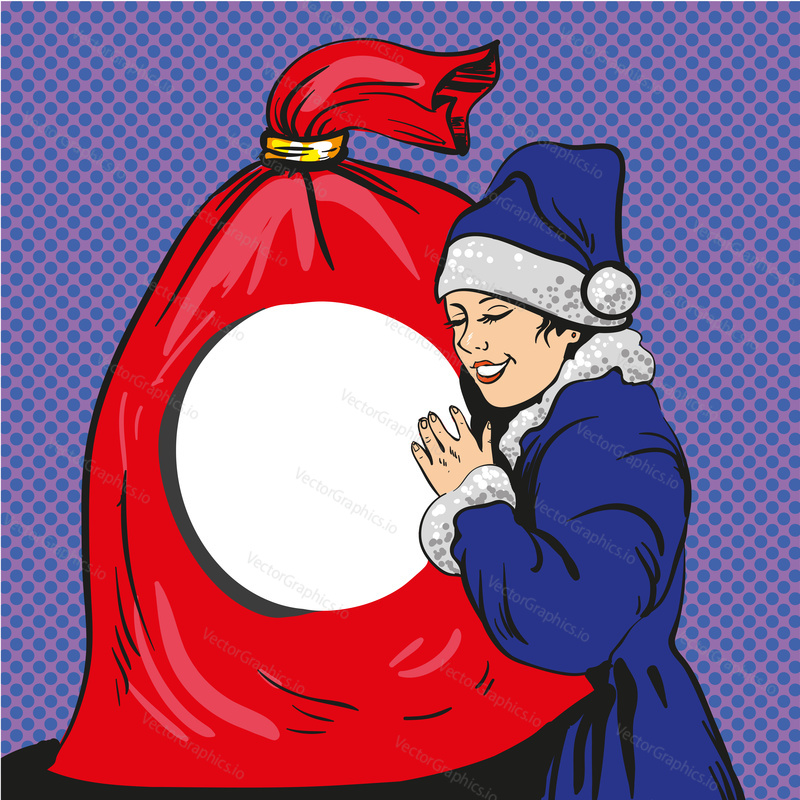 Santa pin up girl in blue dress holding bag with gifts. Vector illustration in comic pop art style. Christmas holidays concept poster.