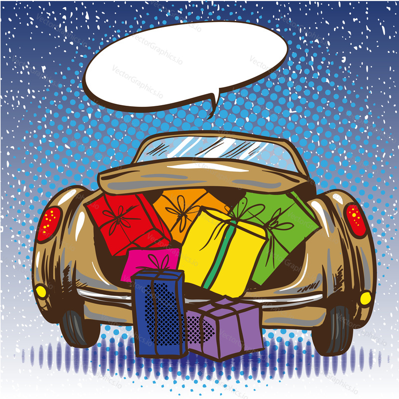 Vector illustration of opened car trunk full of gifts in retro pop art comic style. Holiday shopping. Merry Christmas gifts.