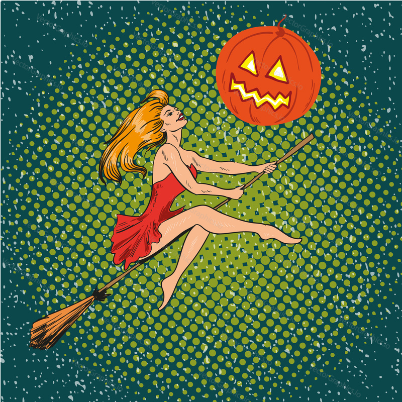 Halloween concept vector poster in retro comic pop art style. Witch girl flying on a broomstick on pumpkin moon.