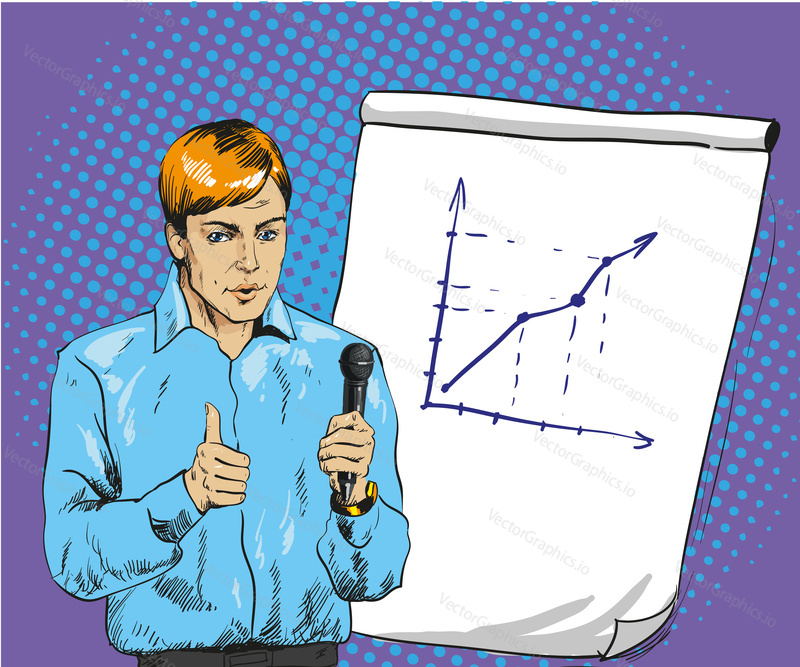 Vector illustration of young man with microphone making presentation and showing his thumb up hand sign in retro pop art comic style. Business workshop, presentation, training, conference concept.