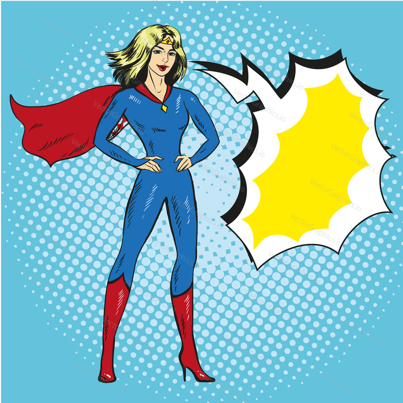 Vector illustration of superwoman in retro pop art comic style. Beautiful girl in superhero costume.