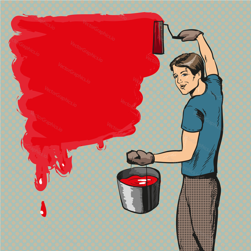 Vector illustration of house painter with paint roller and bucket of paint in retro pop art comic style. Profession of wall and brush painter concept.