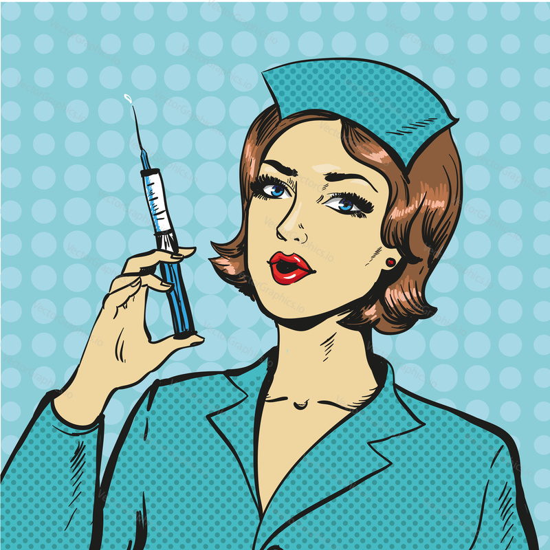 Vektorové ilustrace ženy Zdravotní sestra se stříkačkou v retro pop art komické stylu. Koncept medicíny.