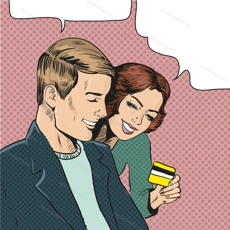 Vektorová ilustrace usmívajícího se páru v retro pop artovém komiksovém stylu. Žena drží kreditní kartu a ukazuje ji svému společníkovi. Bublina.