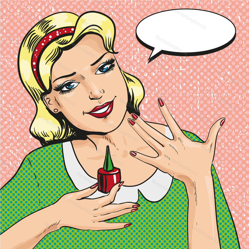 Vektorová ilustrace ženy ukazující levou ruku s manikúrou a držící červený lak na nehty v pravé ruce. Retro pop art komický styl. Bublina.