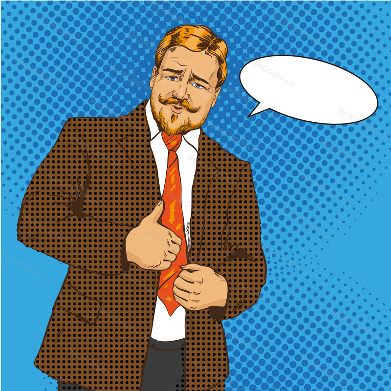 Vector illustration of man, businessman with thumb up hand sign in retro pop art comic style. Gesture of approval. Speech bubble.