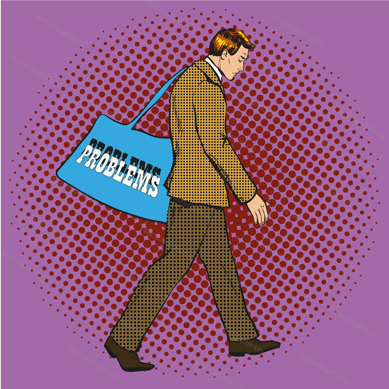 Vector illustration of man, businessman carrying bag with Problems lettering in retro pop art comic style.