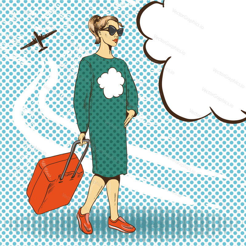 Vector illustration of woman with travelling case in retro pop art comic style. Travel by air concept.
