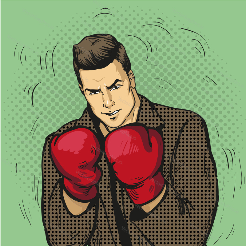 Man in boxing gloves vector illustration in comic pop art style. Businessman ready to fight and protect his business concept.