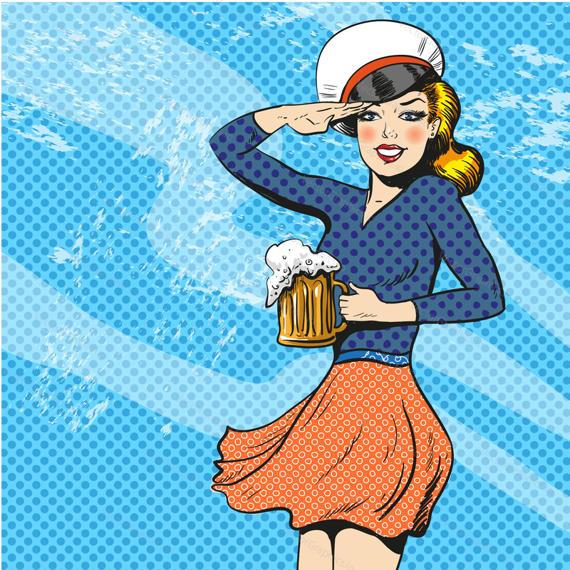 Vector illustration of pretty blonde girl with beer in sailor captain hat. Mariner woman saluting in retro pop art comic style.