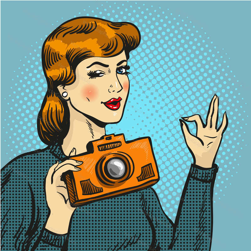 Vector illustration of young woman photographer taking photo, winking and showing OK hand sign in retro pop art comic style.