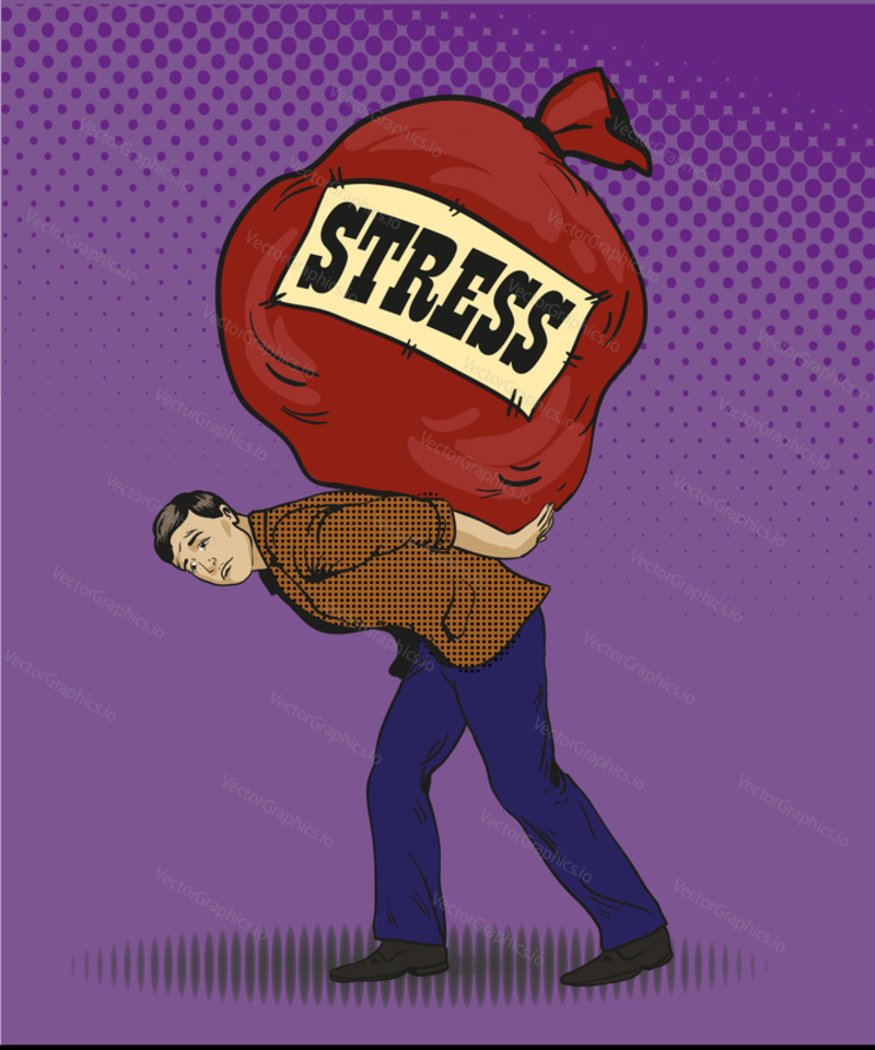 Lidé ve stresových situacích koncept vektorové ilustrace v retro pop art stylu. Muž s velkou taškou se znamením stresu. Komický design.